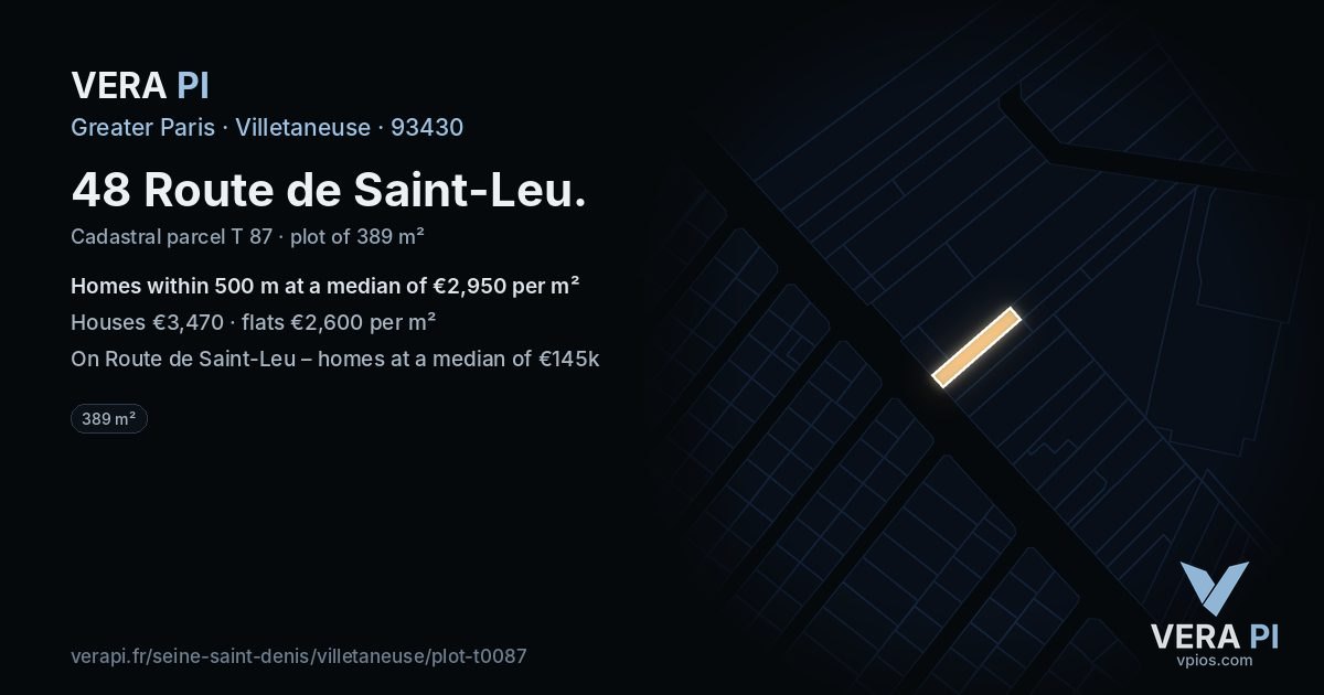 48 Route de Saint-Leu, Villetaneuse at night – the plot lit, the parcels around coloured by the prices near them