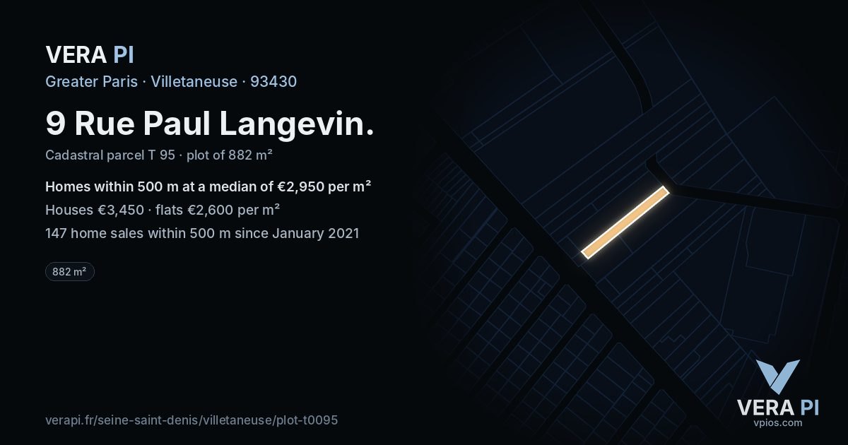 9 Rue Paul Langevin, Villetaneuse at night – the plot lit, the parcels around coloured by the prices near them