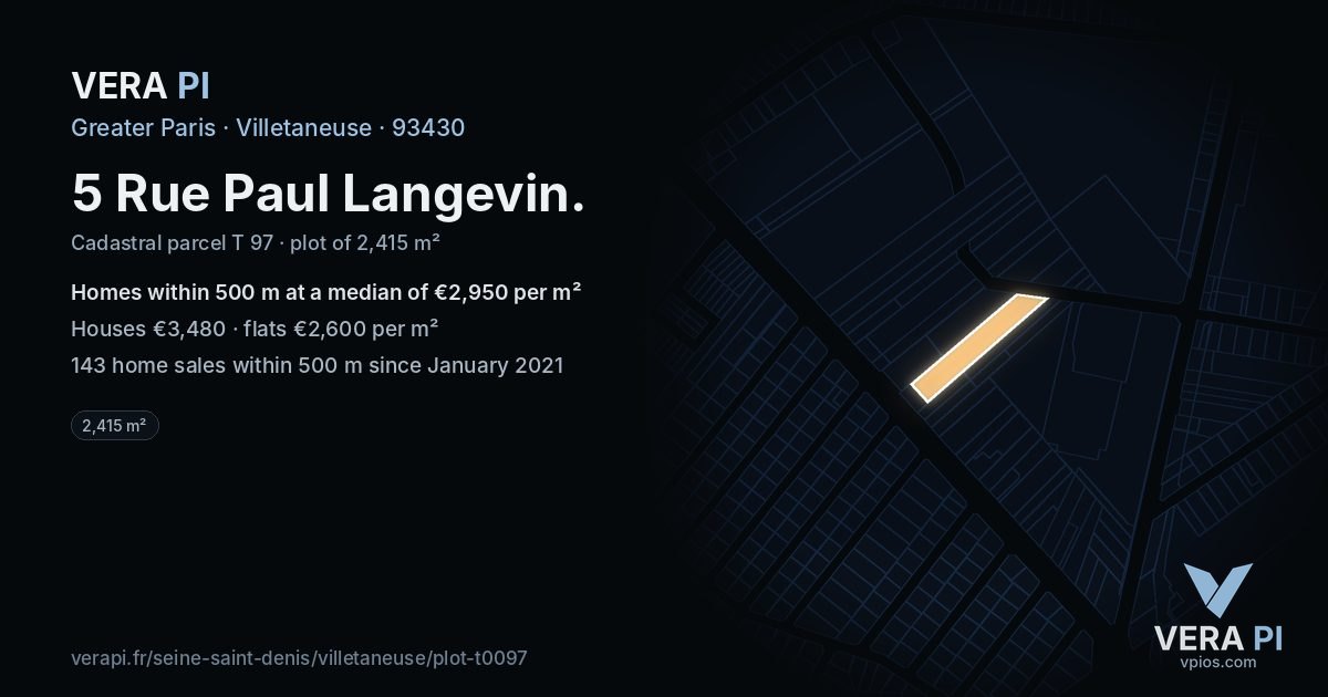 5 Rue Paul Langevin, Villetaneuse at night – the plot lit, the parcels around coloured by the prices near them
