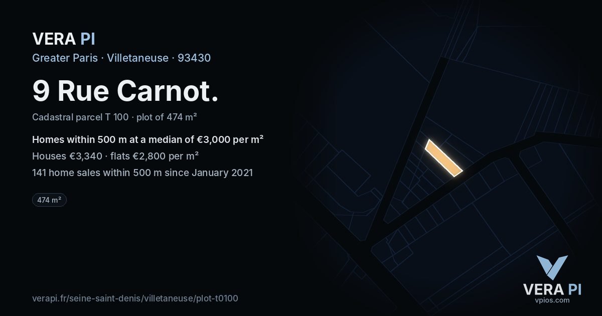 9 Rue Carnot, Villetaneuse at night – the plot lit, the parcels around coloured by the prices near them