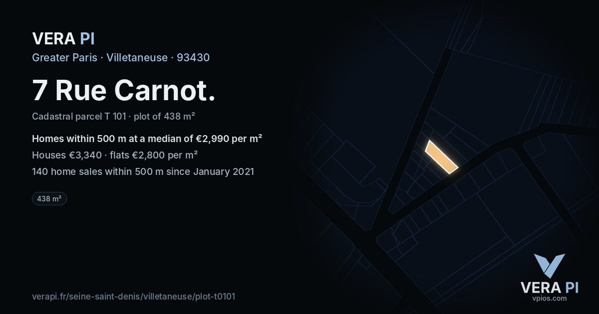 7 Rue Carnot, Villetaneuse at night – the plot lit, the parcels around coloured by the prices near them