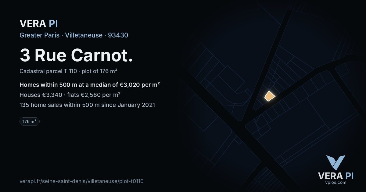 3 Rue Carnot, Villetaneuse at night – the plot lit, the parcels around coloured by the prices near them