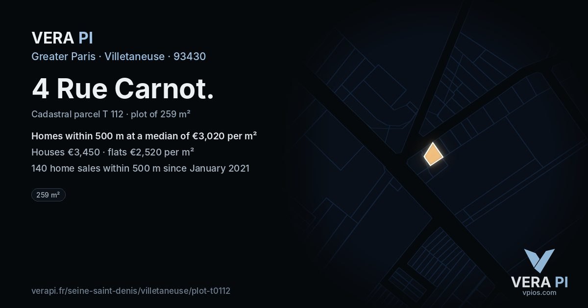 4 Rue Carnot, Villetaneuse at night – the plot lit, the parcels around coloured by the prices near them