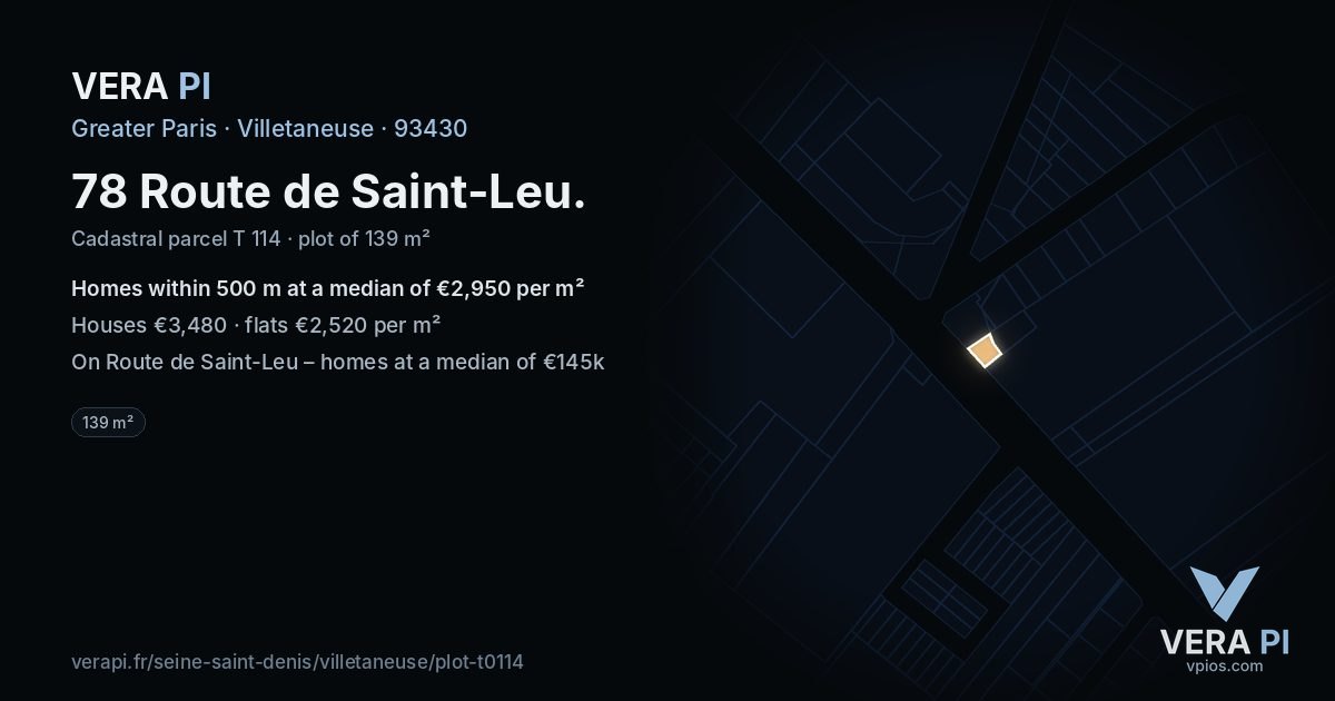 78 Route de Saint-Leu, Villetaneuse at night – the plot lit, the parcels around coloured by the prices near them