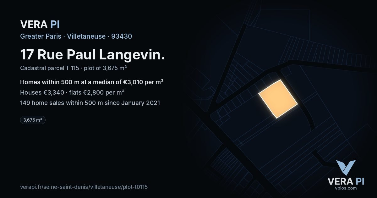17 Rue Paul Langevin, Villetaneuse at night – the plot lit, the parcels around coloured by the prices near them