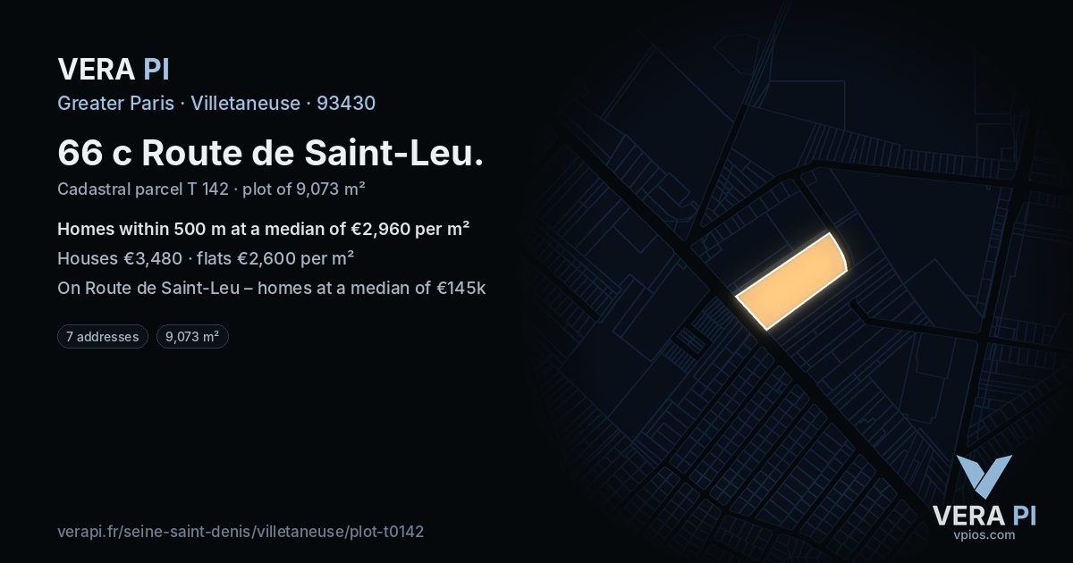 66 c Route de Saint-Leu, Villetaneuse at night – the plot lit, the parcels around coloured by the prices near them