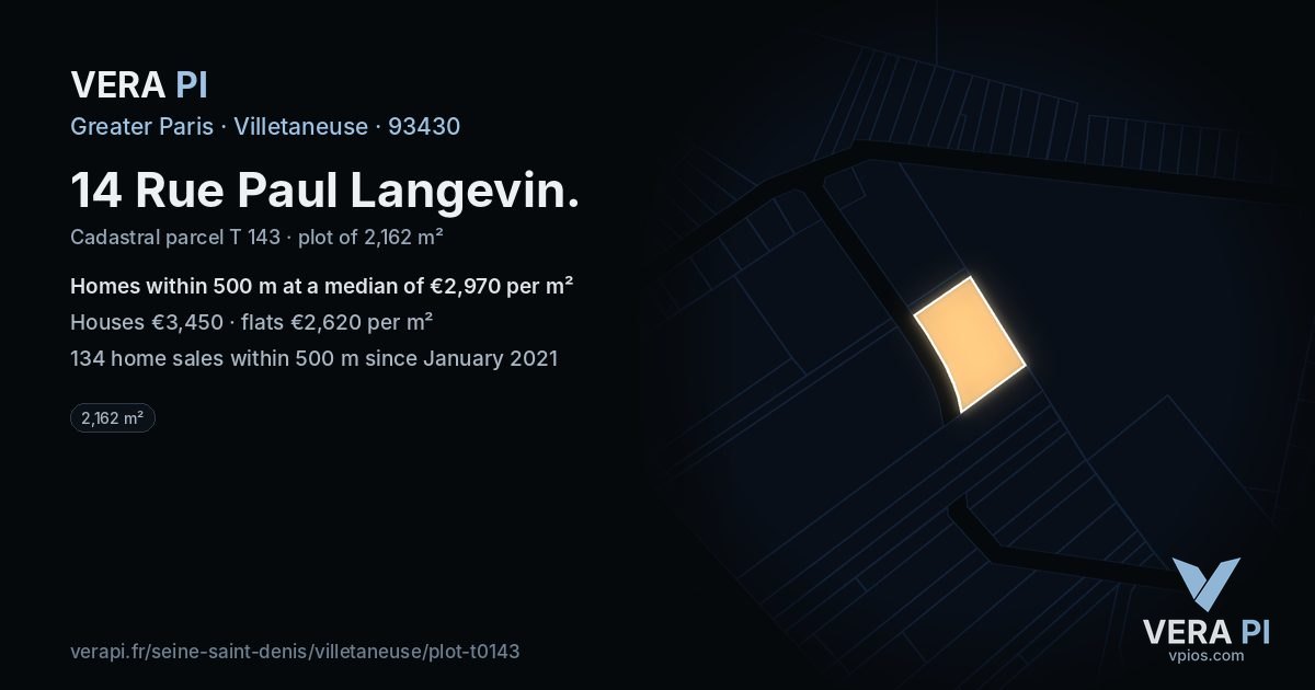 14 Rue Paul Langevin, Villetaneuse at night – the plot lit, the parcels around coloured by the prices near them
