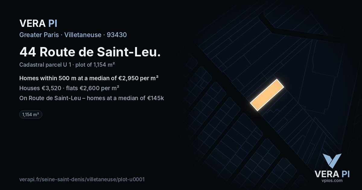 44 Route de Saint-Leu, Villetaneuse at night – the plot lit, the parcels around coloured by the prices near them