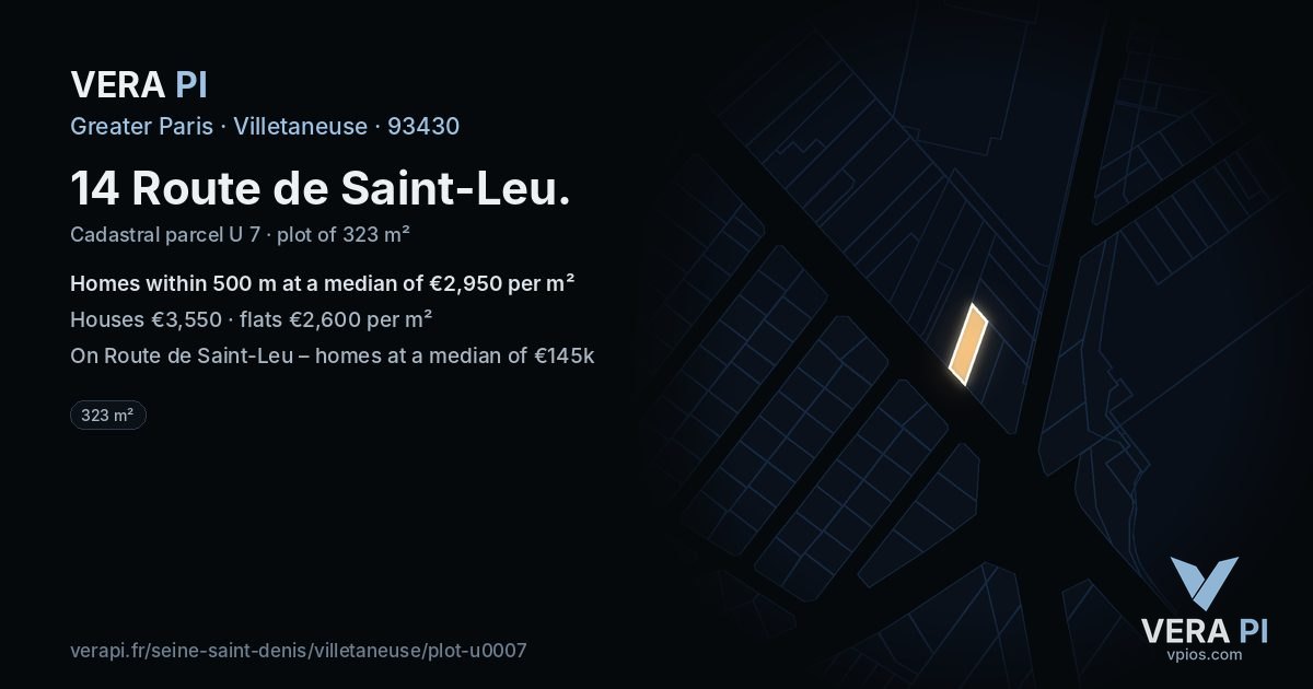 14 Route de Saint-Leu, Villetaneuse at night – the plot lit, the parcels around coloured by the prices near them