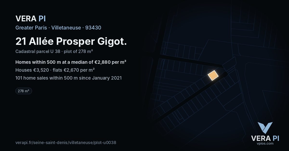 21 Allée Prosper Gigot, Villetaneuse at night – the plot lit, the parcels around coloured by the prices near them
