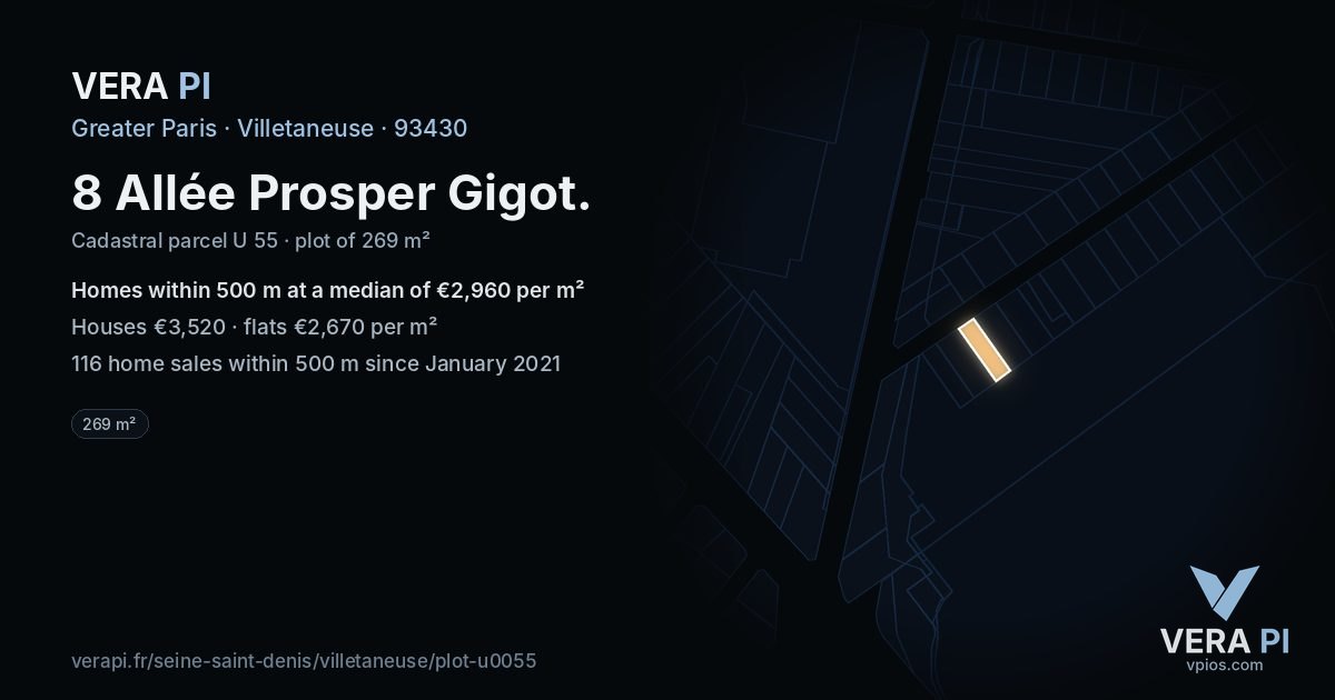 8 Allée Prosper Gigot, Villetaneuse at night – the plot lit, the parcels around coloured by the prices near them