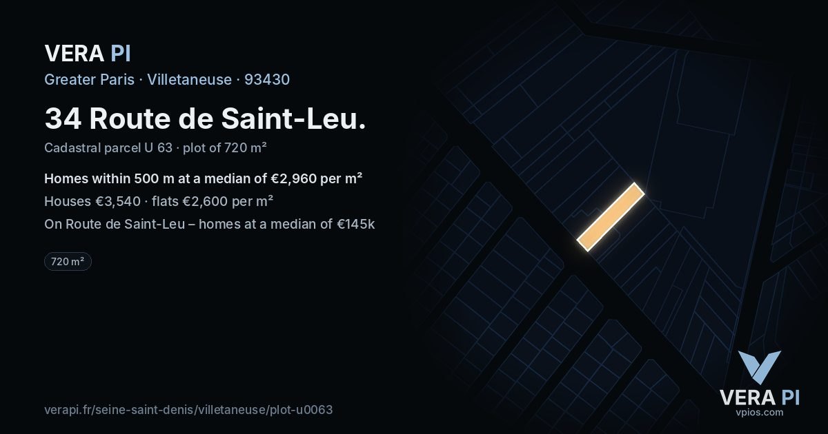 34 Route de Saint-Leu, Villetaneuse at night – the plot lit, the parcels around coloured by the prices near them