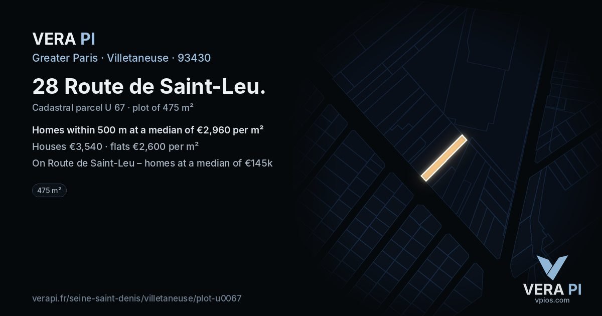 28 Route de Saint-Leu, Villetaneuse at night – the plot lit, the parcels around coloured by the prices near them
