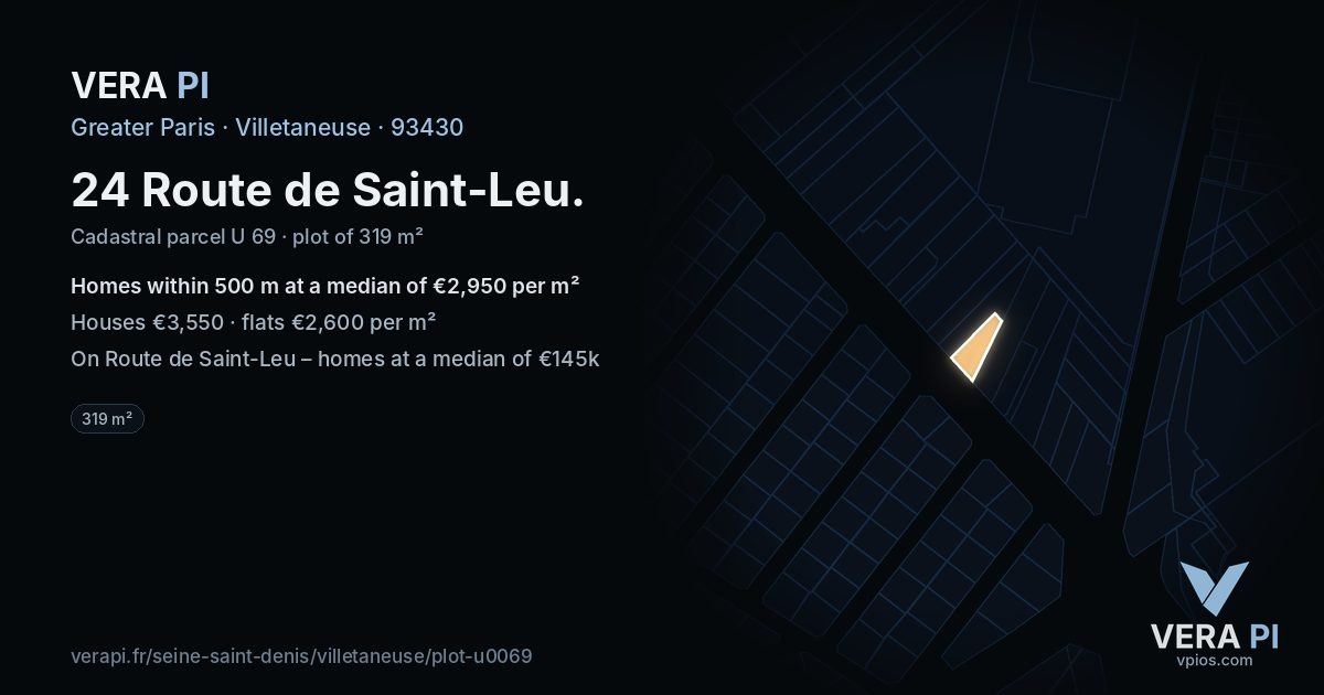 24 Route de Saint-Leu, Villetaneuse at night – the plot lit, the parcels around coloured by the prices near them