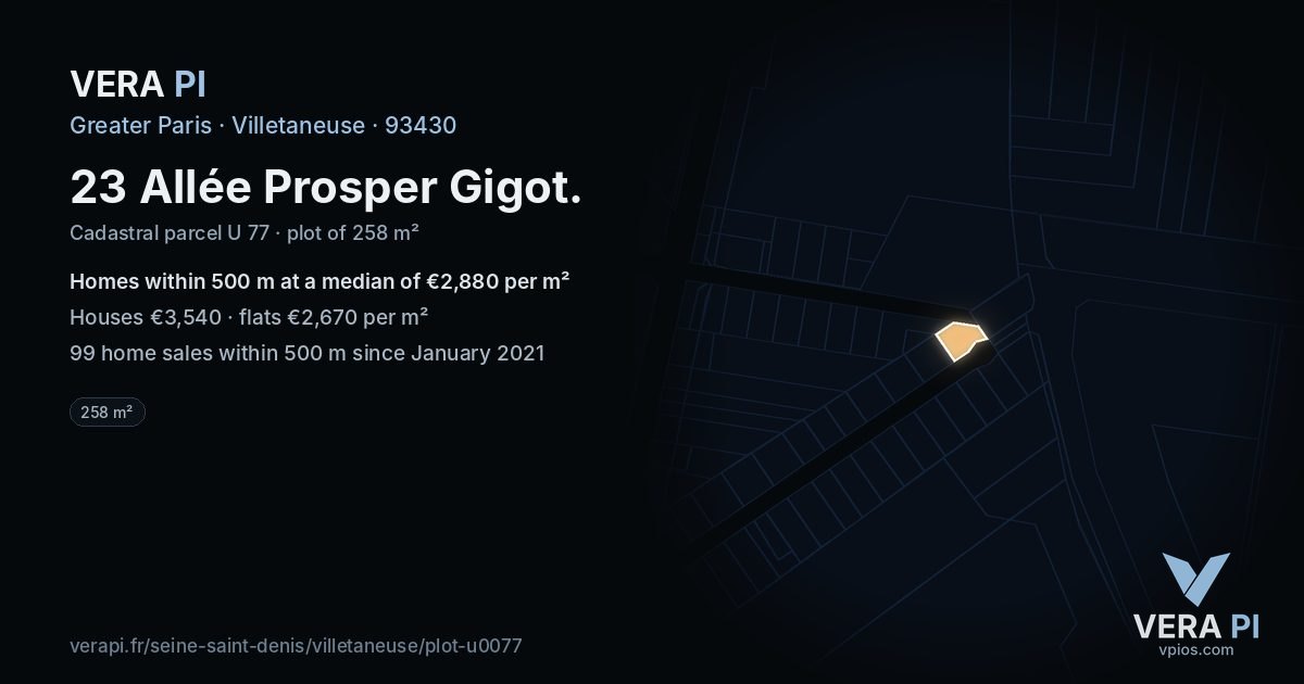23 Allée Prosper Gigot, Villetaneuse at night – the plot lit, the parcels around coloured by the prices near them