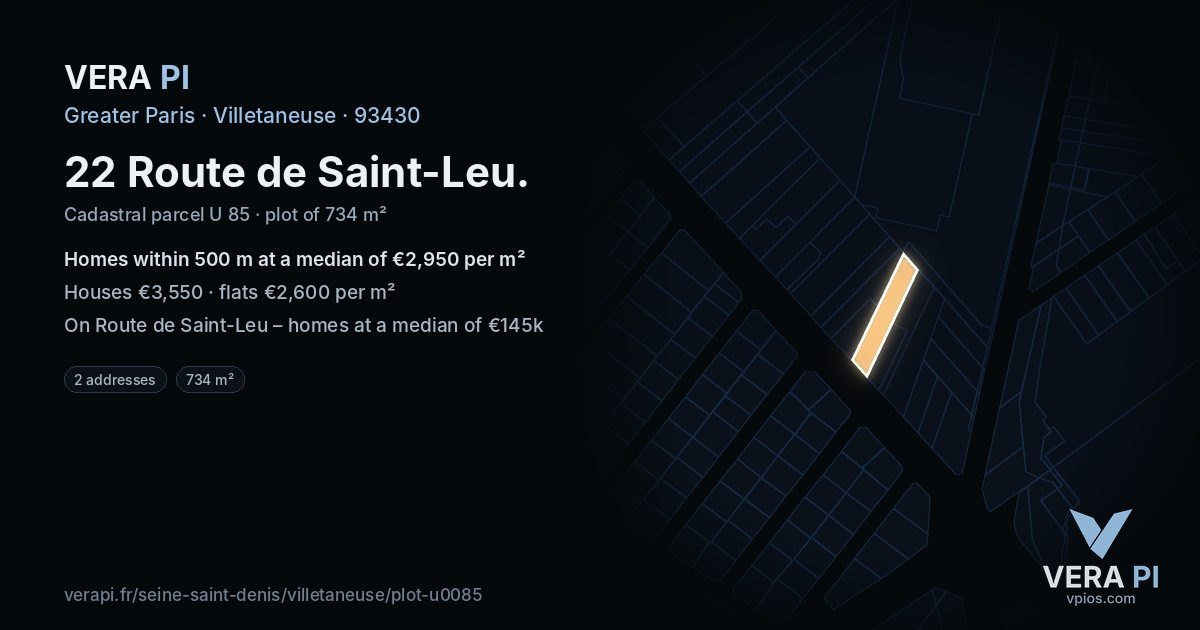 22 Route de Saint-Leu, Villetaneuse at night – the plot lit, the parcels around coloured by the prices near them