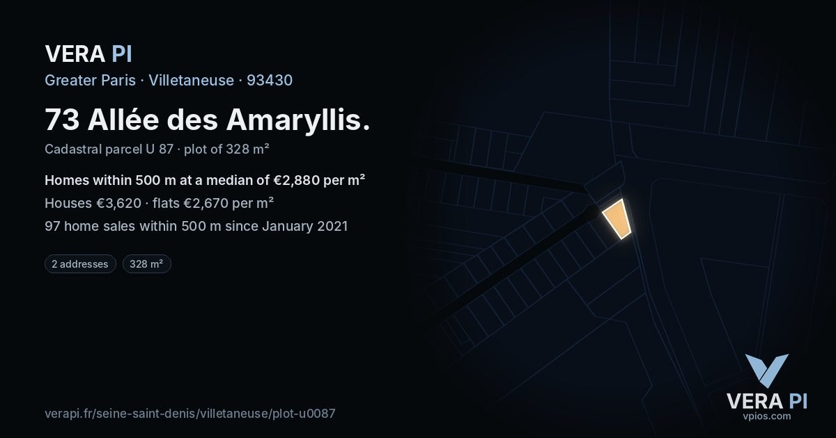 73 Allée des Amaryllis, Villetaneuse at night – the plot lit, the parcels around coloured by the prices near them