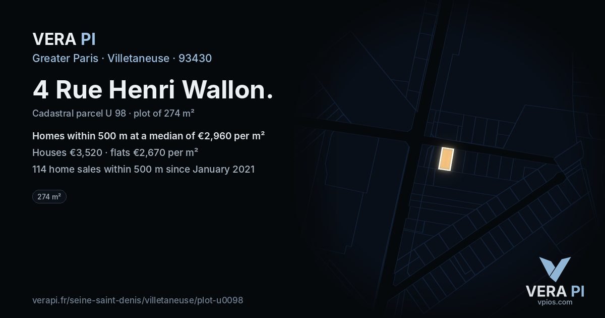 4 Rue Henri Wallon, Villetaneuse at night – the plot lit, the parcels around coloured by the prices near them