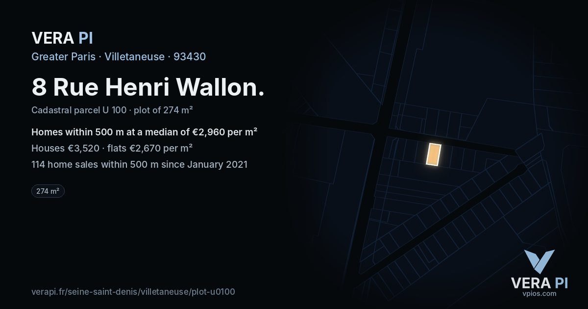 8 Rue Henri Wallon, Villetaneuse at night – the plot lit, the parcels around coloured by the prices near them