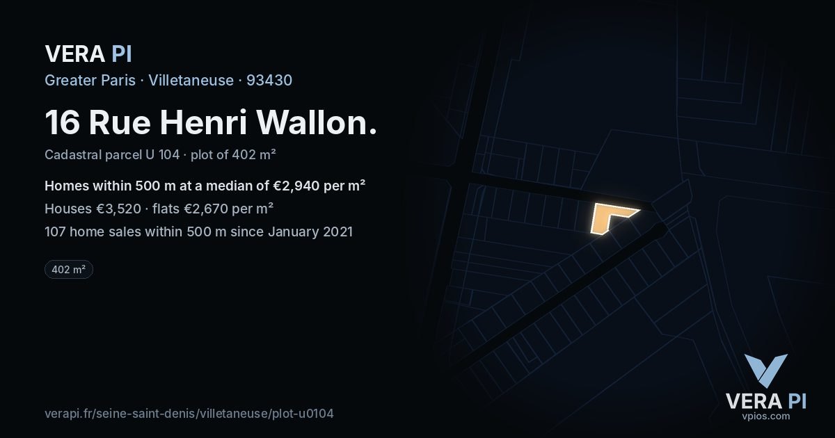 16 Rue Henri Wallon, Villetaneuse at night – the plot lit, the parcels around coloured by the prices near them