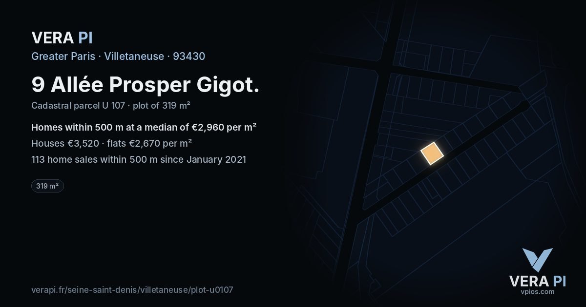 9 Allée Prosper Gigot, Villetaneuse at night – the plot lit, the parcels around coloured by the prices near them