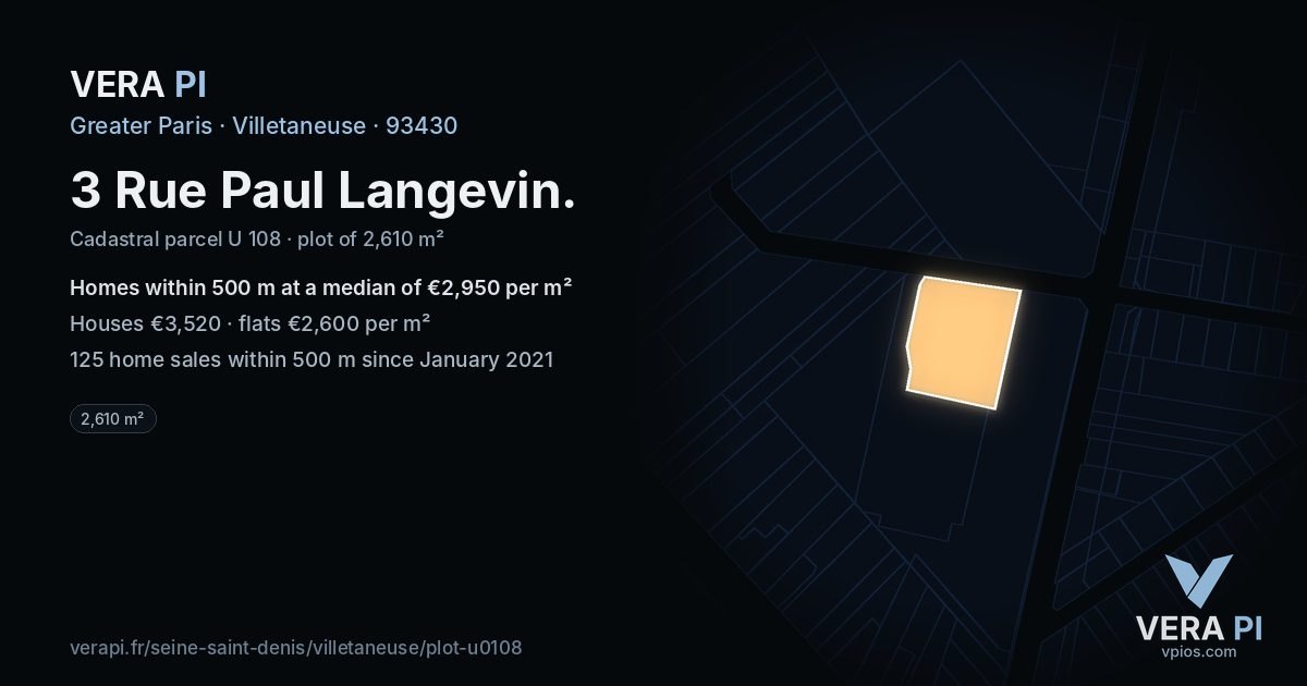 3 Rue Paul Langevin, Villetaneuse at night – the plot lit, the parcels around coloured by the prices near them