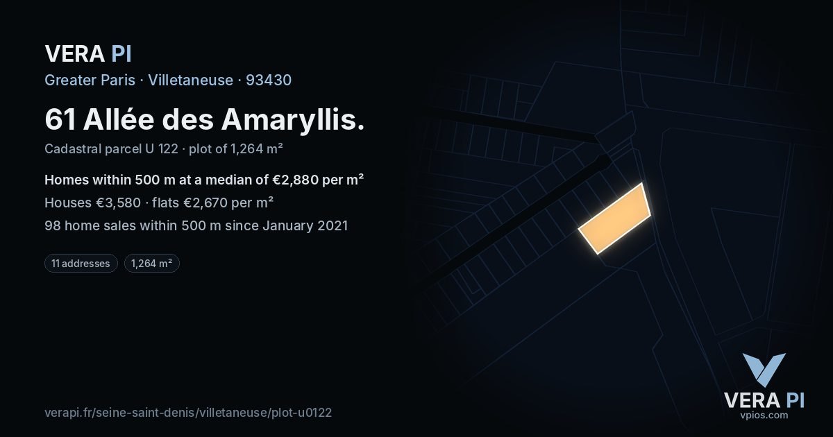61 Allée des Amaryllis, Villetaneuse at night – the plot lit, the parcels around coloured by the prices near them