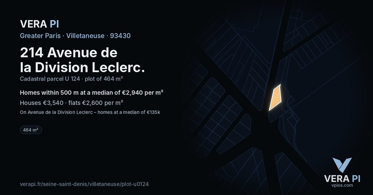 214 Avenue de la Division Leclerc, Villetaneuse at night – the plot lit, the parcels around coloured by the prices near them