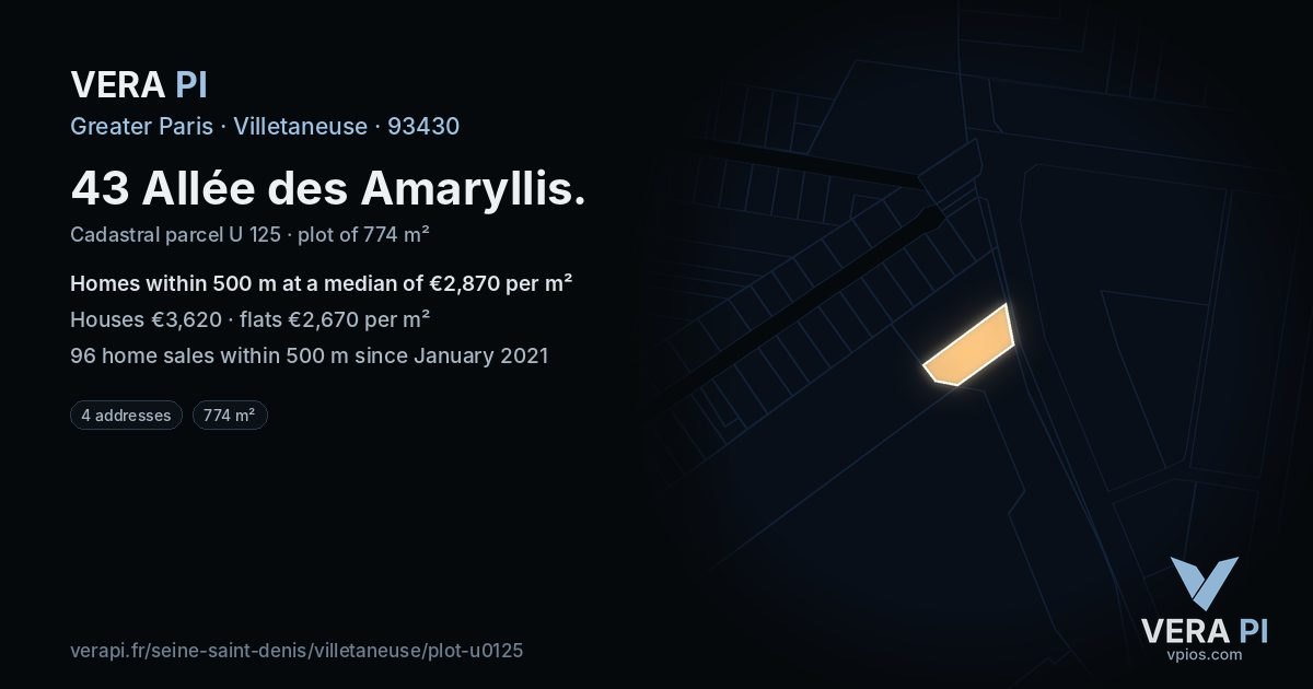 43 Allée des Amaryllis, Villetaneuse at night – the plot lit, the parcels around coloured by the prices near them
