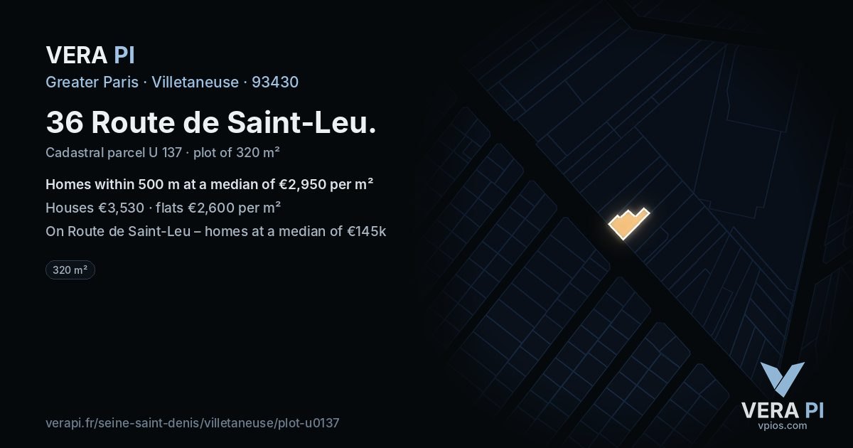 36 Route de Saint-Leu, Villetaneuse at night – the plot lit, the parcels around coloured by the prices near them