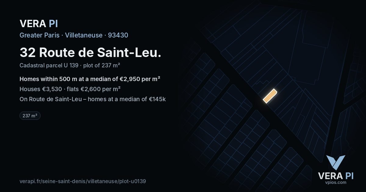 32 Route de Saint-Leu, Villetaneuse at night – the plot lit, the parcels around coloured by the prices near them