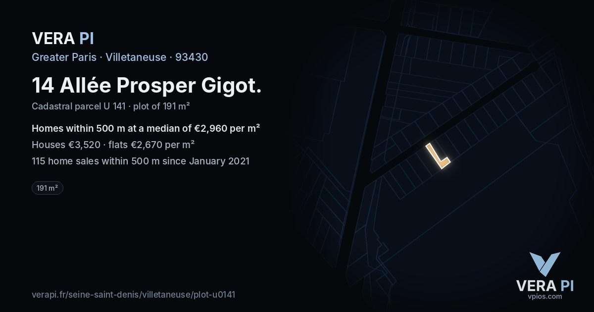 14 Allée Prosper Gigot, Villetaneuse at night – the plot lit, the parcels around coloured by the prices near them