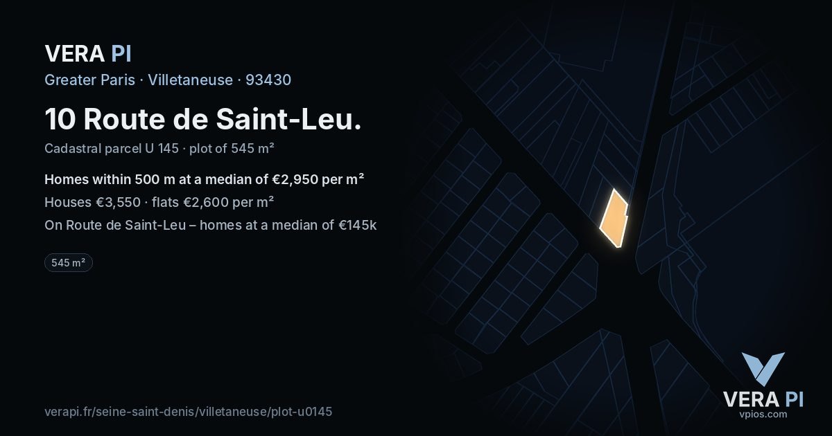 10 Route de Saint-Leu, Villetaneuse at night – the plot lit, the parcels around coloured by the prices near them