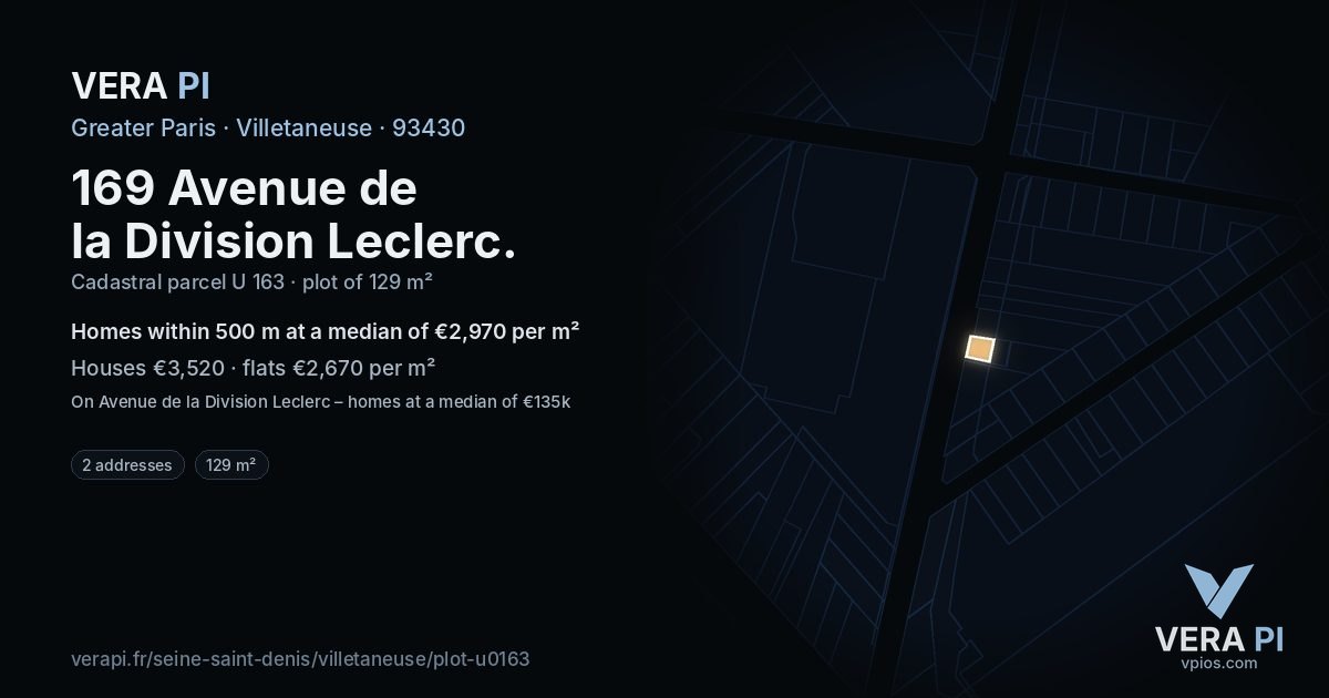 169 Avenue de la Division Leclerc, Villetaneuse at night – the plot lit, the parcels around coloured by the prices near them