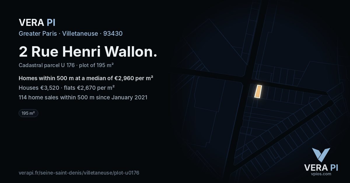 2 Rue Henri Wallon, Villetaneuse at night – the plot lit, the parcels around coloured by the prices near them