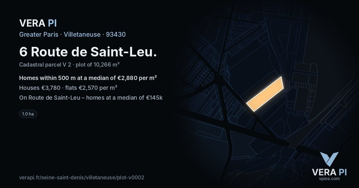 6 Route de Saint-Leu, Villetaneuse at night – the plot lit, the parcels around coloured by the prices near them