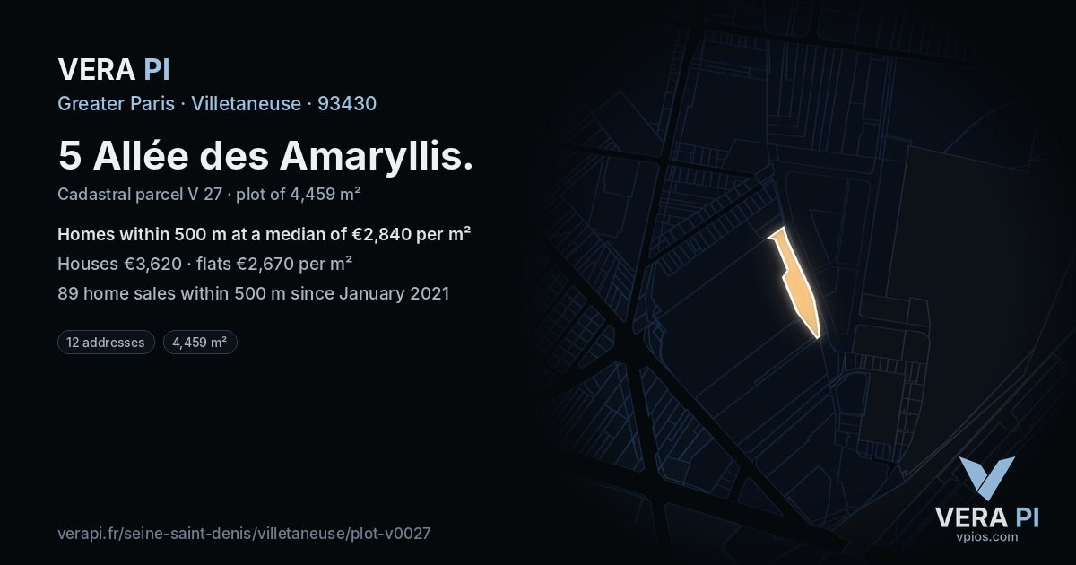 5 Allée des Amaryllis, Villetaneuse at night – the plot lit, the parcels around coloured by the prices near them