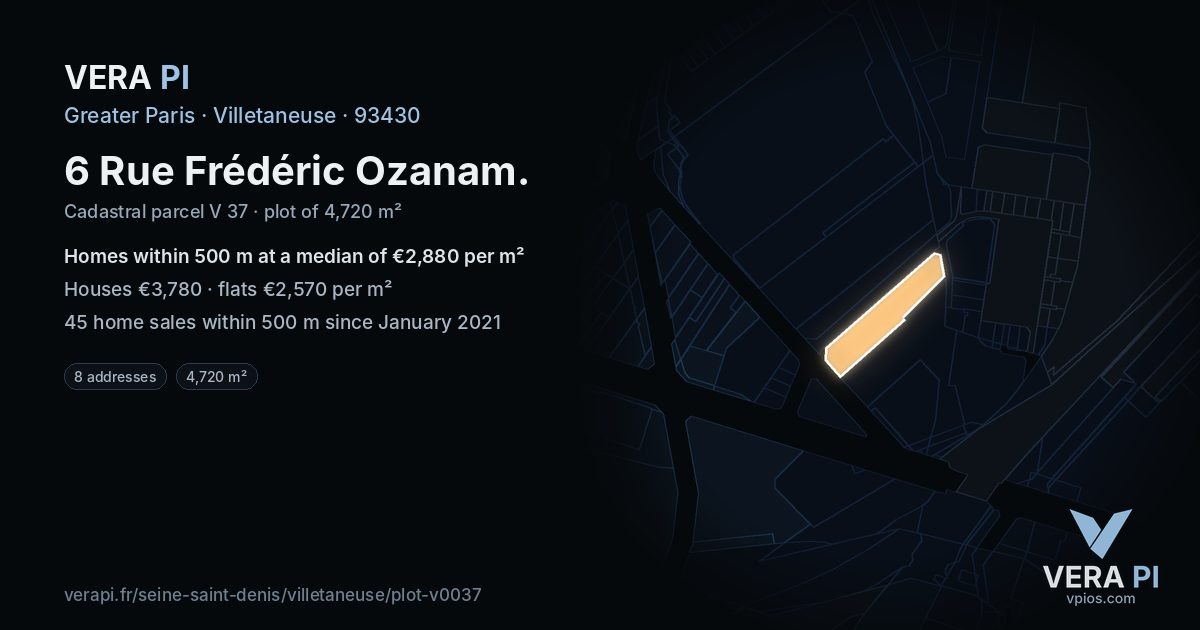 6 Rue Frédéric Ozanam, Villetaneuse at night – the plot lit, the parcels around coloured by the prices near them