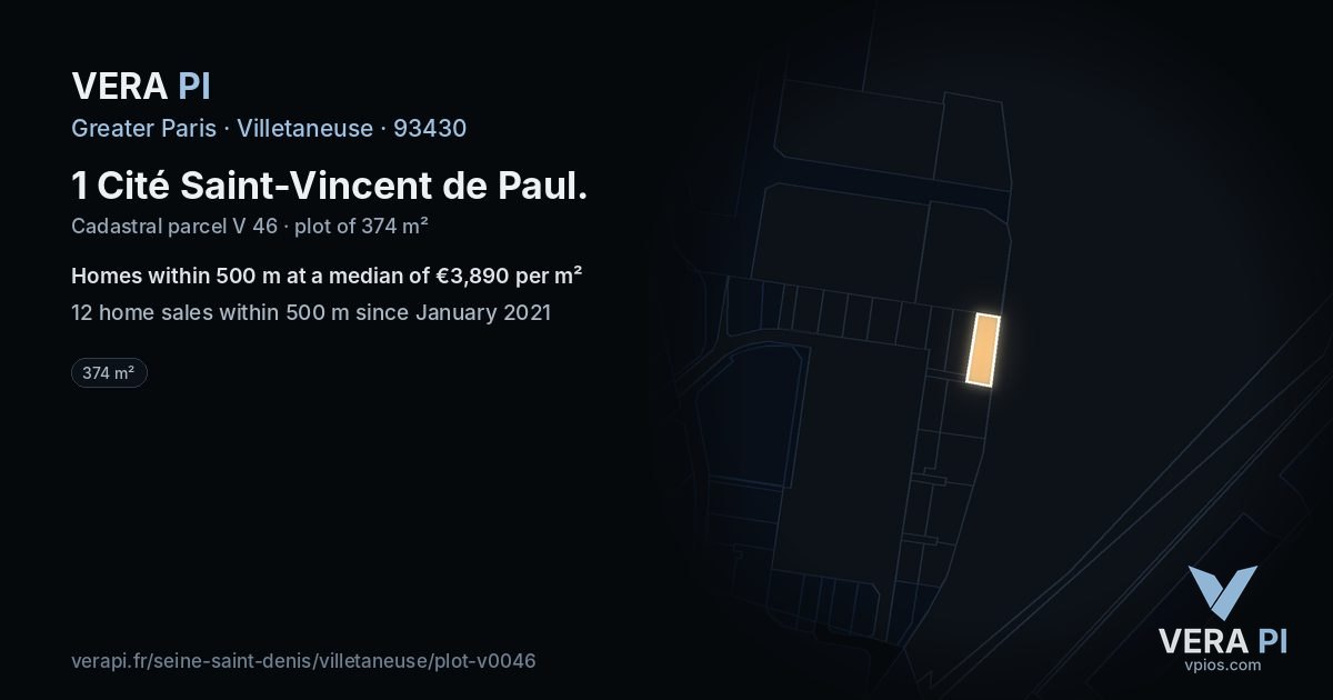 1 Cité Saint-Vincent de Paul, Villetaneuse at night – the plot lit, the parcels around coloured by the prices near them