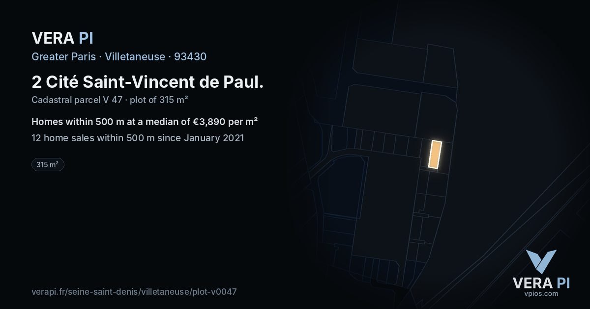 2 Cité Saint-Vincent de Paul, Villetaneuse at night – the plot lit, the parcels around coloured by the prices near them