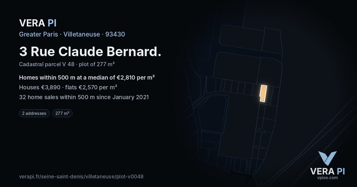 3 Rue Claude Bernard, Villetaneuse at night – the plot lit, the parcels around coloured by the prices near them
