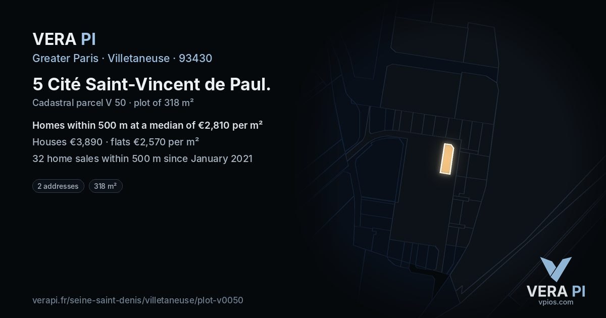 5 Cité Saint-Vincent de Paul, Villetaneuse at night – the plot lit, the parcels around coloured by the prices near them