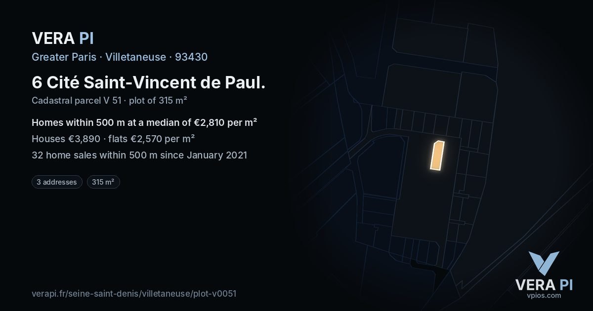 6 Cité Saint-Vincent de Paul, Villetaneuse at night – the plot lit, the parcels around coloured by the prices near them