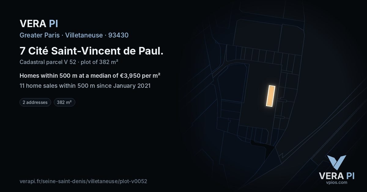 7 Cité Saint-Vincent de Paul, Villetaneuse at night – the plot lit, the parcels around coloured by the prices near them