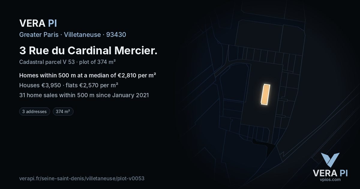 3 Rue du Cardinal Mercier, Villetaneuse at night – the plot lit, the parcels around coloured by the prices near them