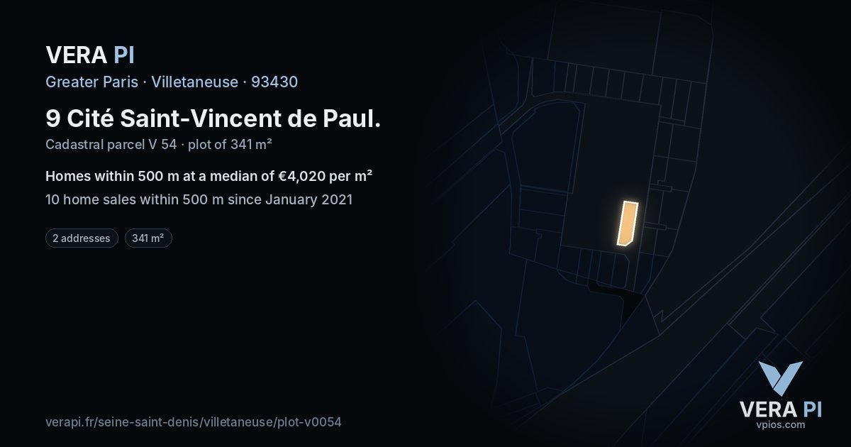 9 Cité Saint-Vincent de Paul, Villetaneuse at night – the plot lit, the parcels around coloured by the prices near them