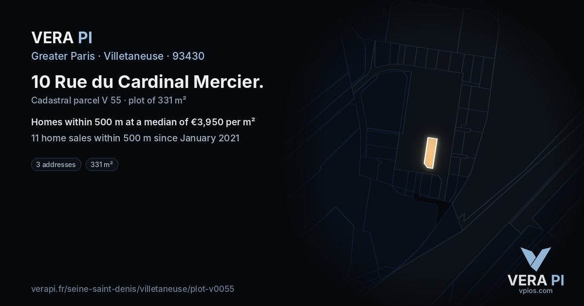 10 Rue du Cardinal Mercier, Villetaneuse at night – the plot lit, the parcels around coloured by the prices near them