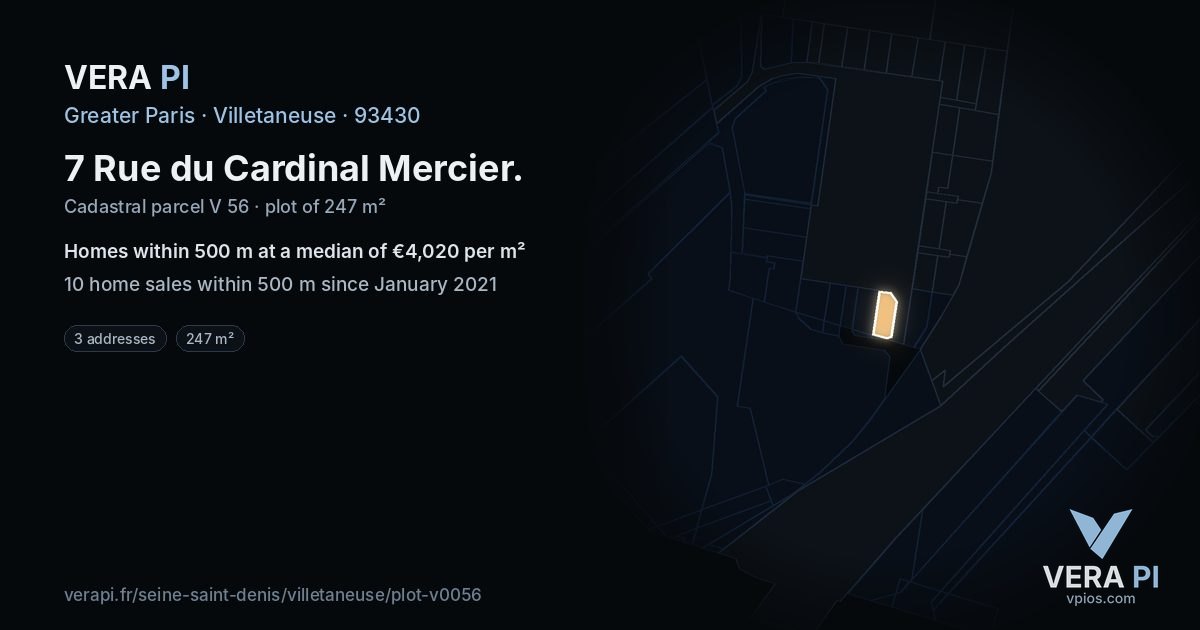 7 Rue du Cardinal Mercier, Villetaneuse at night – the plot lit, the parcels around coloured by the prices near them