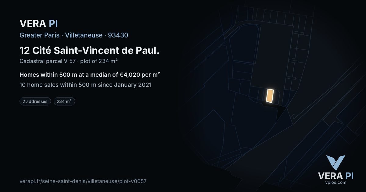 12 Cité Saint-Vincent de Paul, Villetaneuse at night – the plot lit, the parcels around coloured by the prices near them