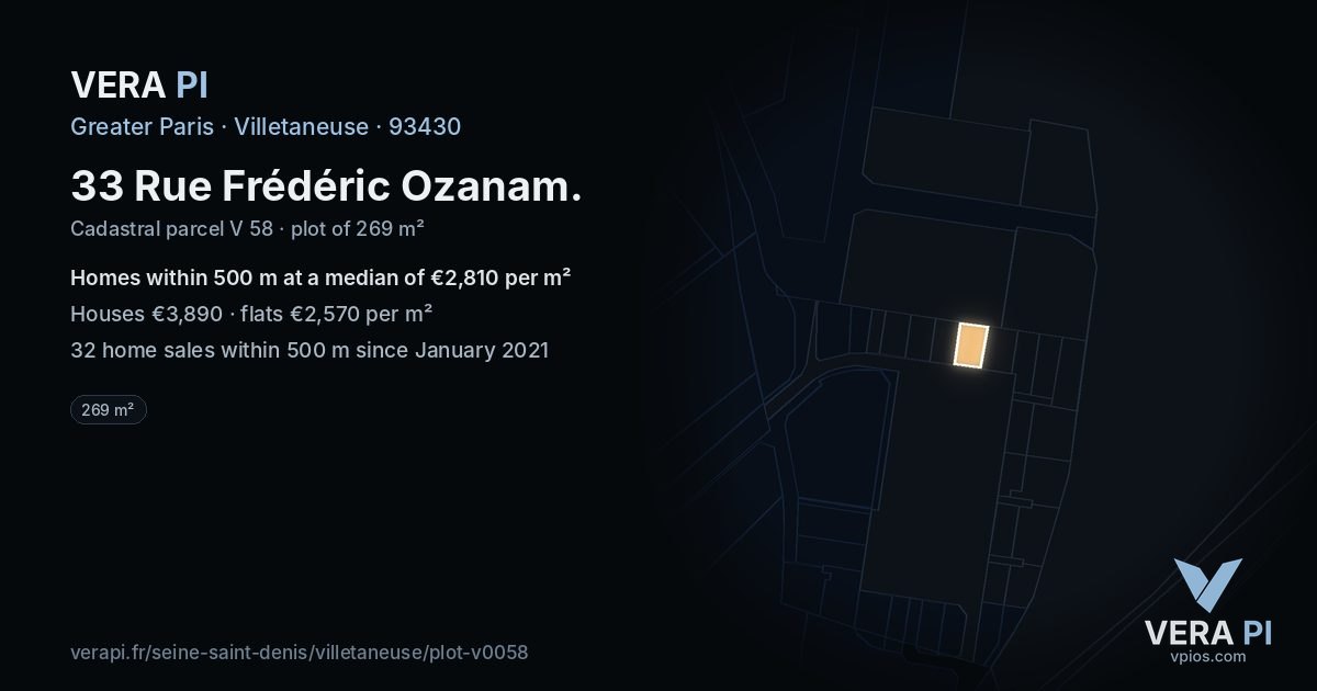33 Rue Frédéric Ozanam, Villetaneuse at night – the plot lit, the parcels around coloured by the prices near them